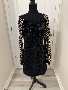 Boston Proper Black Sequin Dress with Leopard Print Long Sleeves